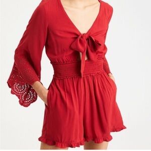 Blue Rain Red Lace Sleeve Romper